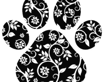 Black Floral Dog Paw Print, Transparent PNG (Digital Download)