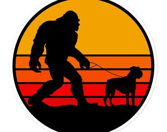 Retro Sunset Bigfoot Walking Boxer, Boxer Dog Sticker. Bigfoot Sticker, Sasquatch Sticker, Boxer Mom, Boxer Mama, Boxer Dad, Dog Lover