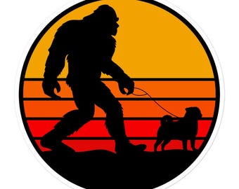 Retro Sunset Bigfoot Walking Pug, Pug Sticker, Bigfoot Sticker, Sasquatch Sticker, Pug Mom, Pug Dad, Pug Mama, Pug Lover, Pug Lovers