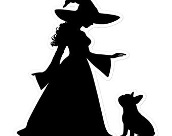 Witch and French Bulldog Silhouette Sticker, Halloween Decal