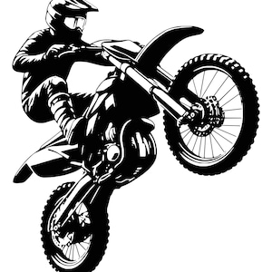 May include: Black and white illustration of a motocross rider performing a wheelie on a dirt bike. The rider is wearing a helmet and goggles.