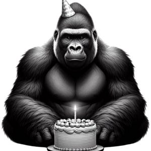 Può includere: Illustrazione in scala di grigi di un gorilla con un cappello da festa, seduto e rivolto in avanti. Il gorilla è davanti a una torta di compleanno con una candela accesa. La torta è rotonda e decorata con bacche. Immagine celebrativa.
