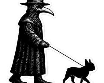 Plague Doctor Walking Frenchie Sticker, Durable Vinyl