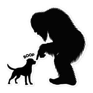 May include: Black and white sticker featuring a silhouette of Bigfoot pointing at a dog. The word "BOOP" is in a speech bubble above the dog's head. The sticker has a white border.