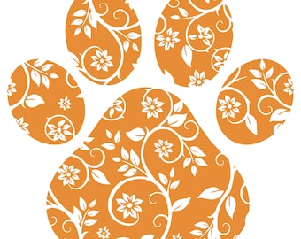 Orange Floral Dog Paw Print Png, Transparent Background (Digital Download)