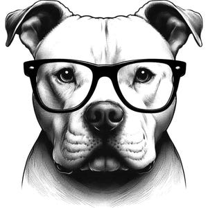 Pode incluir: Ilustração em preto e branco de um pit bull usando óculos de armação preta. O cão está olhando diretamente para o espectador.