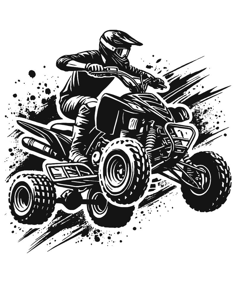 May include: Black and white illustration of a person riding an ATV on a dirt track. The ATV has large tires and a black and white color scheme. The person is wearing a helmet and goggles.