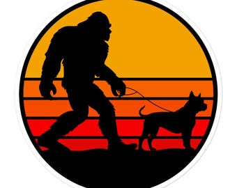 Retro Sunset Bigfoot Walking Pitbull, Pitbull Sticker, Bigfoot Sticker, Sasquatch Sticker, Pitbull Mom, Pitbull Mama, Pitbull Dad, Pitbull