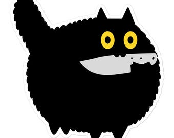 Fluffy Black Cat With Knife Sticker
