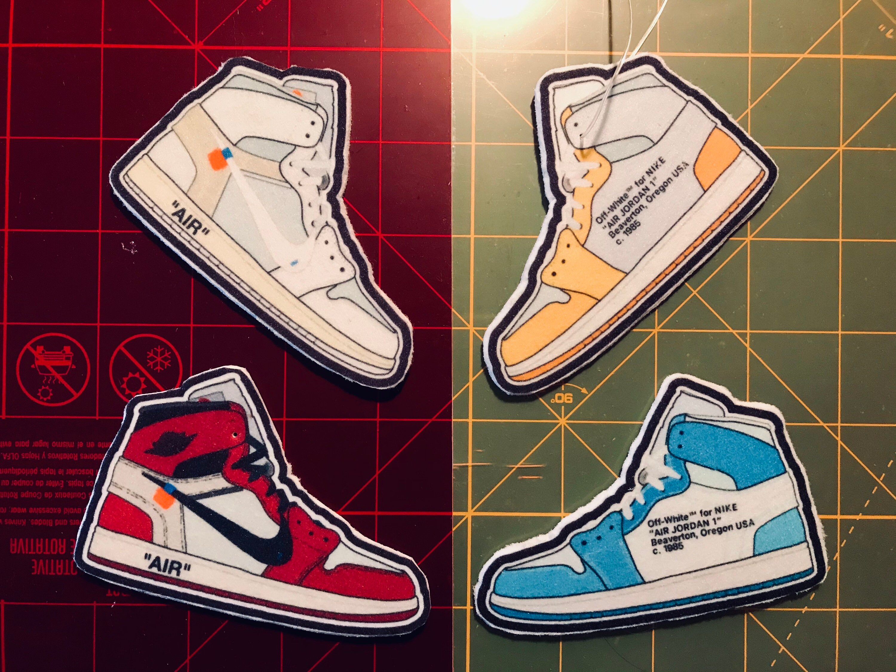 Mini Off-White Nike Air Jordan 1 Scented Car Air Freshener Cartoon Style! Multiple Colorways Made To Order and Hand Cut! Mini Off-White Nike Air Jordan 1 Scented Car Air Freshener Cartoon Style! Multiple Colorways Made To Order and Hand Cut!