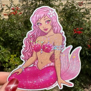 Sticker scintillant holographique sirène rose scintillant