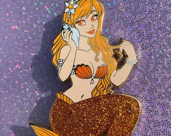 Orange Glitter Mermaid Hard Enamel Pin