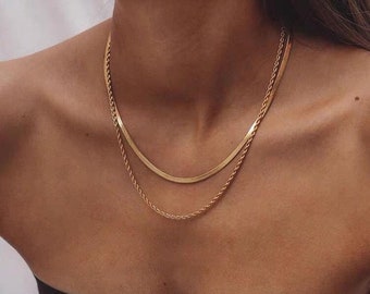 18k gold Layered Necklace Set, snake chain necklace, rope chain necklace, herringbone necklace,flat chain necklace,duo layered necklace gold