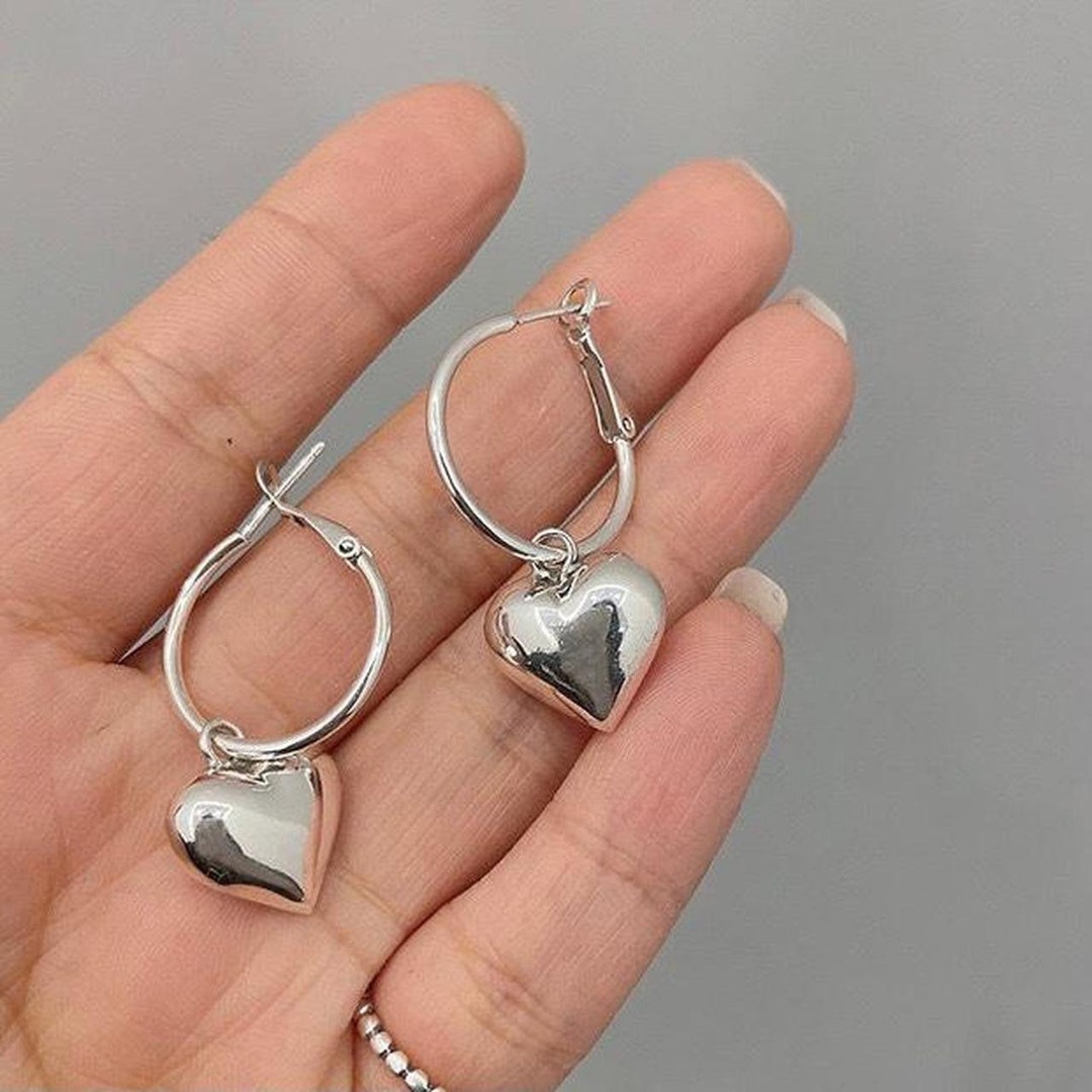 Dangle Heart Earrings Chubby Heart Hoop Earrings Puffed Etsy