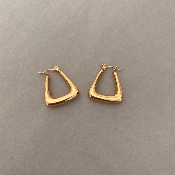 18K Gold Triangle Hoops Earrings, Geometric Hoops Earrings, Trapezoid Hoop Earrings, Simple Gold Hoops Earrings, Thick Gold Hoops Earrings