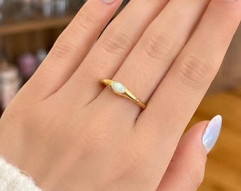 Minimalist Oval Opal Ring, Gold Plated Sterling Silver, Dainty Band, October Birthstone