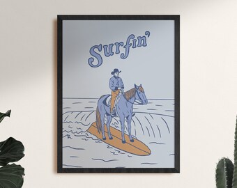 Surfin' in Blue Art Print Poster, Framed