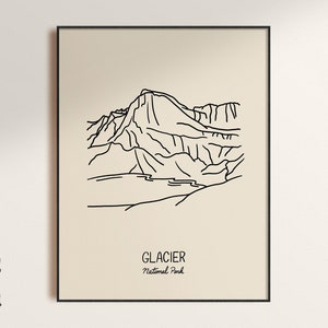 Gletscher Nationalpark Minimalistische Linienzeichnung, Wandkunst Poster
