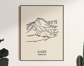 Glacier National Park Minimalist Line Drawing, Wall Art Poster