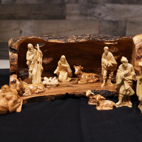 thumbnail image 2 of Shop Olive Wood Nativity Stable Scene Ornament From The Holy Land L 2 of 14