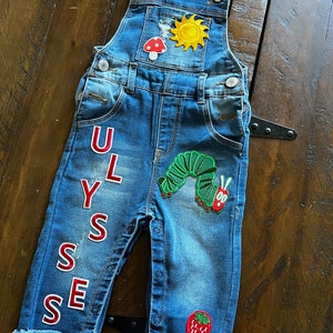 Personalized Denim, Hungry Caterpillar, First Birthday Party, Denim Overalls, Baby Gift, First Birthday, Baby Overalls, Baby Birthday Outfit