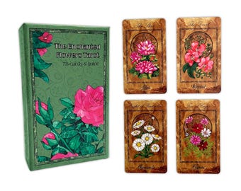 Puede incluir: Una caja verde con el texto "The Enchanted Flowers Tarot 78 cards & guide" y una rosa rosa en la parte delantera. La caja está junto a cuatro cartas de tarot con ilustraciones florales y los nombres "The Star", "The Devil", "Eight of Wands", y "Ten of Cups".
