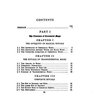 May include: A black and white page from a book displaying a table of contents. The text includes "The Literature of Ceremonial Magic", and chapter titles such as "The Antiquity of Magical Rituals" and "The Rituals of Transcendental Magic".