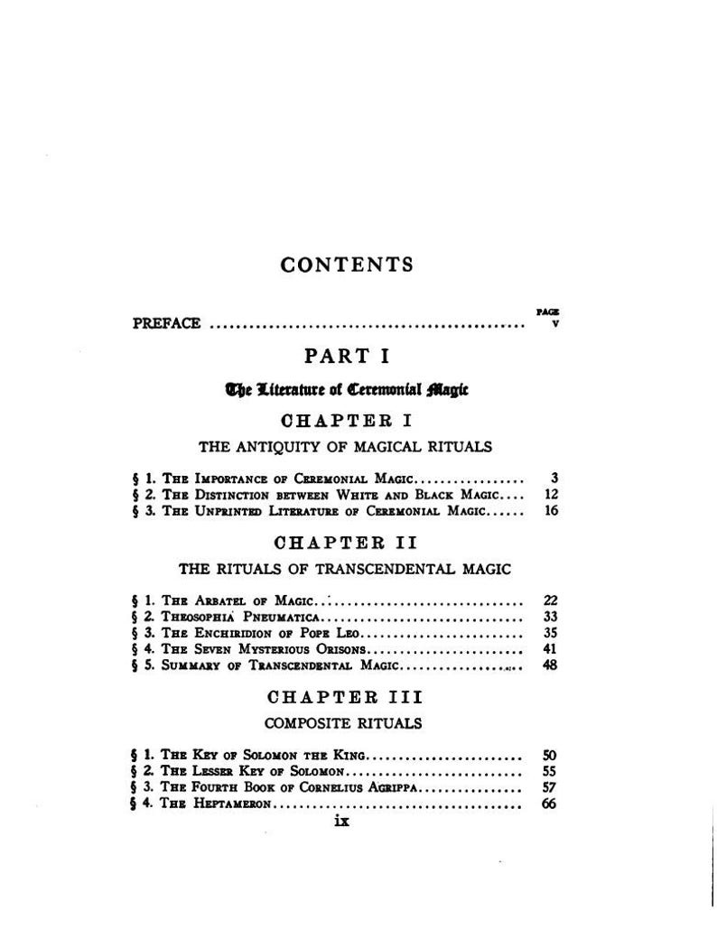May include: A black and white page from a book displaying a table of contents. The text includes "The Literature of Ceremonial Magic", and chapter titles such as "The Antiquity of Magical Rituals" and "The Rituals of Transcendental Magic".