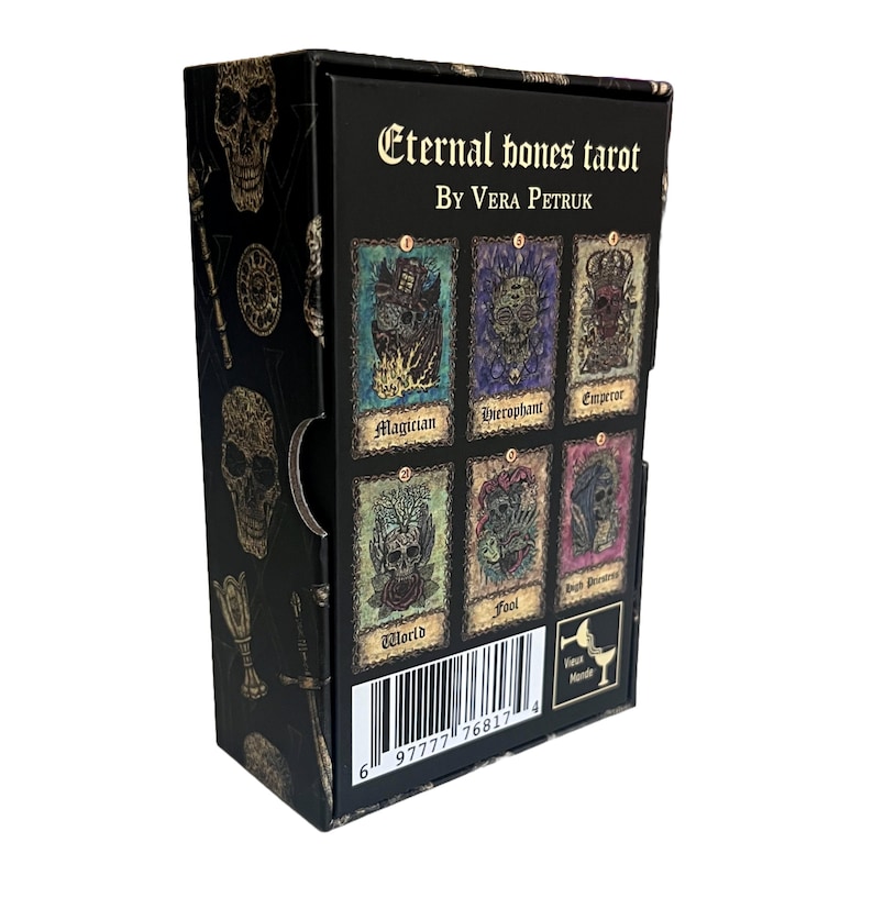 May include: A black box with a gold skull design and the text "Eternal bones tarot" and "By Vera Petruk". The box shows a preview of the tarot cards with images of skulls and the names "Magician", "Hierophant", "Emperor", "World", "Fool", and "High Priestess".