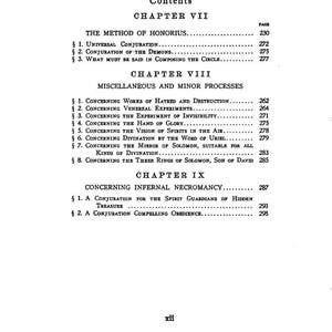 May include: A monochrome printed page from a book, displaying a table of contents. The text includes chapter headings such as "The Method of Honorius" and "Concerning Infernal Necromancy." Page numbers are also present.
