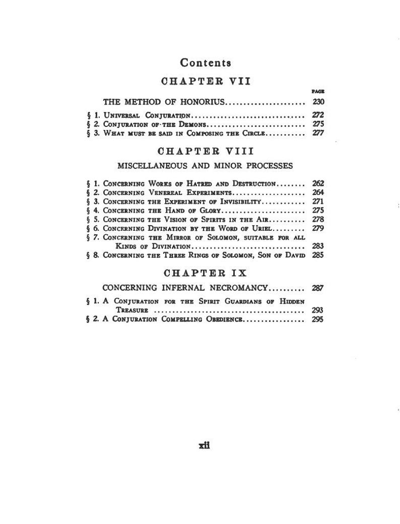 May include: A monochrome printed page from a book, displaying a table of contents. The text includes chapter headings such as "The Method of Honorius" and "Concerning Infernal Necromancy." Page numbers are also present.