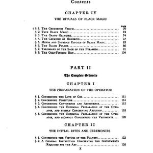 May include: A vintage book page featuring a table of contents. The headings include "The Rituals of Black Magic" and "The Complete Grimoire." Page numbers are listed alongside each chapter and section title.