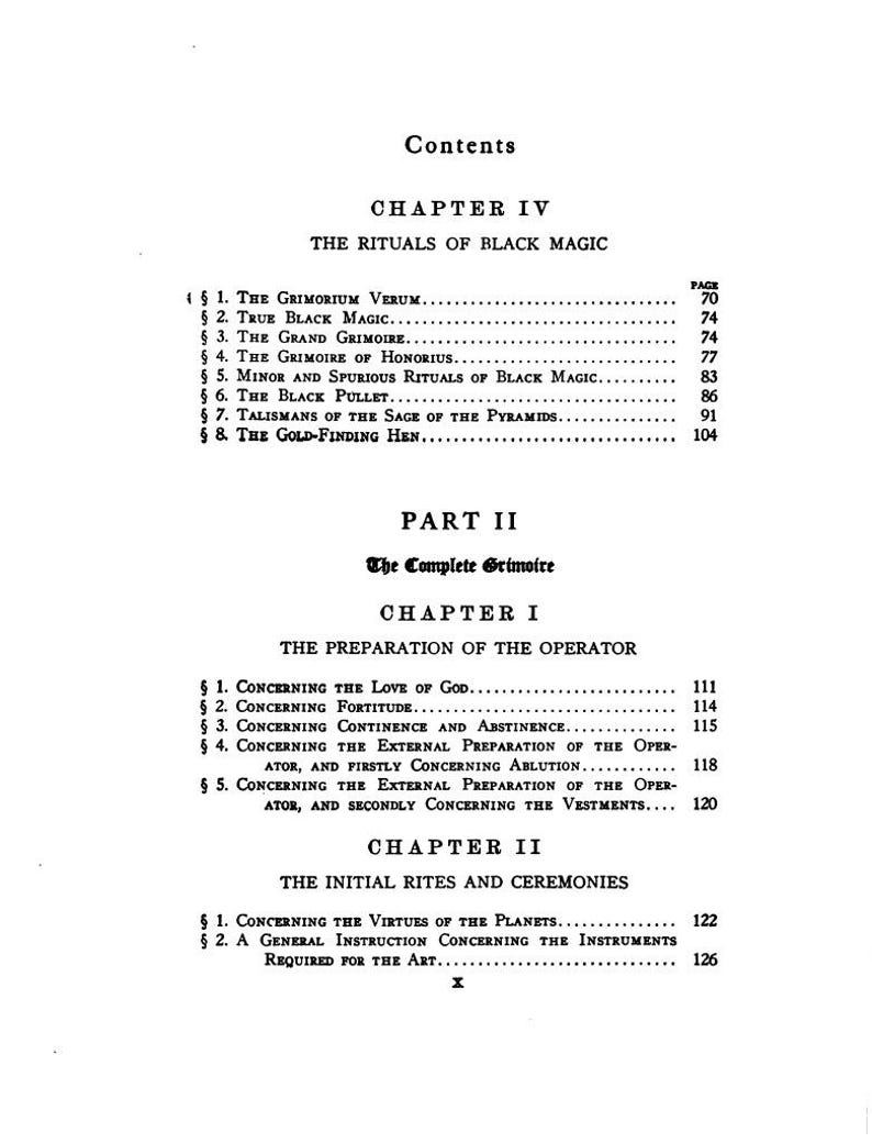 May include: A vintage book page featuring a table of contents. The headings include "The Rituals of Black Magic" and "The Complete Grimoire." Page numbers are listed alongside each chapter and section title.