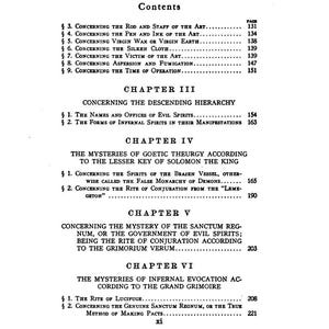 May include: A page from an antique book, displaying a contents list with headings such as "Concerning the Pen and Ink of the Art" and "The Rite of Conjuration." The text is in black.