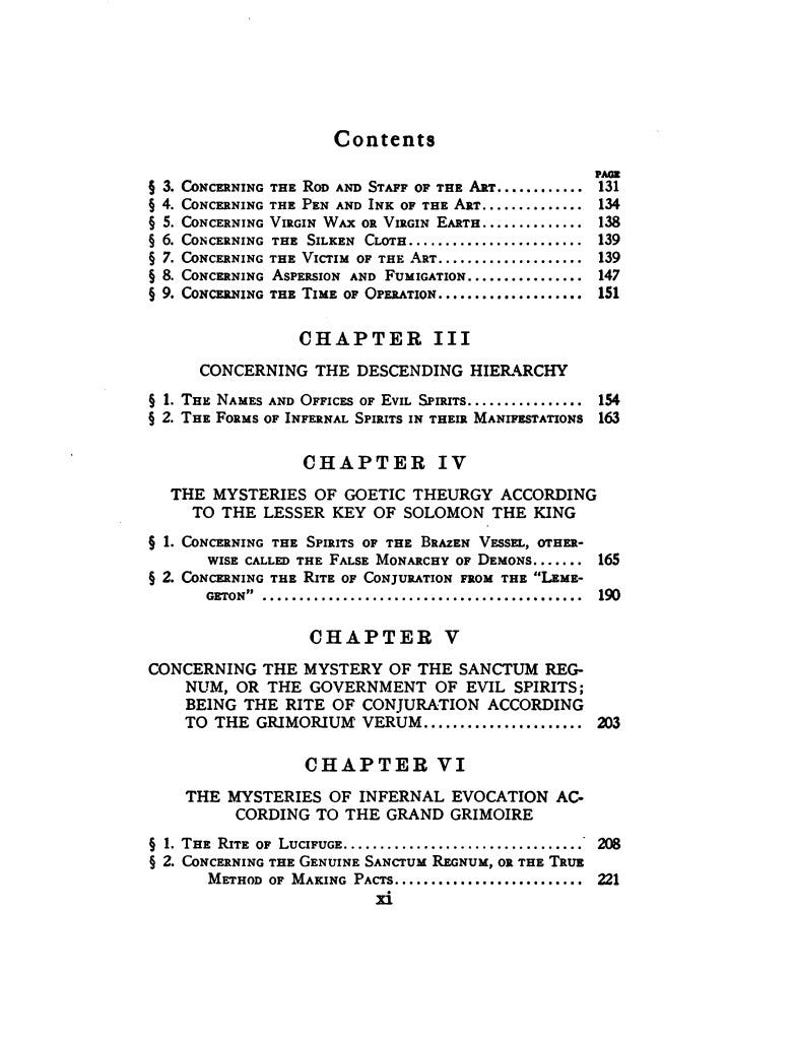 May include: A page from an antique book, displaying a contents list with headings such as "Concerning the Pen and Ink of the Art" and "The Rite of Conjuration." The text is in black.