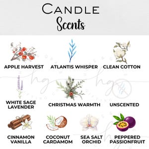 May include: An image showcasing various candle scents, including Apple Harvest, Atlantis Whisper, and Clean Cotton. Other scents are White Sage Lavender, Christmas Warmth, Unscented, Cinnamon Vanilla, Coconut Cardamom, Sea Salt Orchid, and Peppered Passionfruit.
