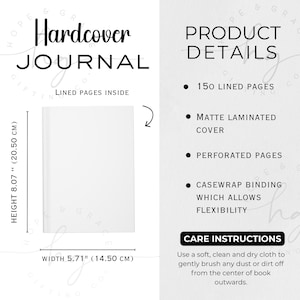 May include: A white hardcover journal with the text "Hardcover JOURNAL" and "Lined Pages Inside." The journal is 20.50 cm tall and 14.50 cm wide. Product details include 150 lined pages, a matte laminated cover, perforated pages, and casewrap binding.