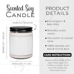 May include: A scented soy candle in a clear glass jar with a black lid. The candle is 3.5 inches (8.8 cm) tall and 2.8 inches (7.1 cm) wide. The label is blank. The product details include eco-friendly, non-toxic, reusable glass vessel, ten scents to choose from, and 100% natural soy wax & cotton wick.