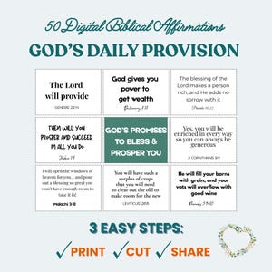50 Bible Verse Cards, Christian Affirmations, Scripture Printables (Digital Download), Money Blessings, God's Provision
