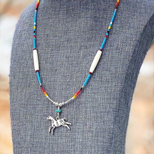 Indian Pony, Pipe Bead, Gem Stone, Navajo Cedar Bead Necklace - Multiple Color - Gift Him Her - Health Spirit Energy - Boho Native Made