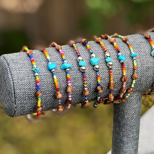 Navajo Cedar Bead Bracelet with Gemstone - Multiple Color Size - Gift For Him Her - Health Spirit Energy - Boho Southwest Natural