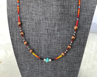 Navajo Cedar Bead Necklace with Turquoise - Multiple Color - 19 inches - Gift Him Her - Health Spirit Energy - Boho Native Made