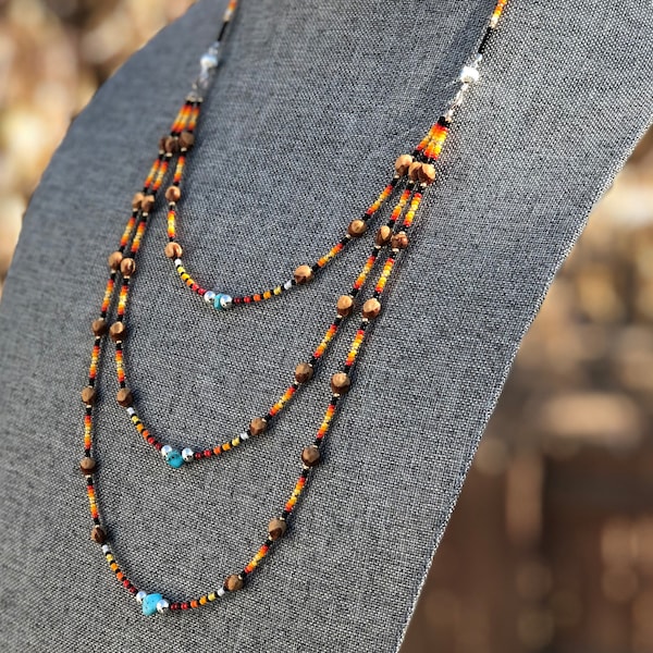 Turquoise - Navajo Cedar Bead Tiered Necklace - Fire Colors