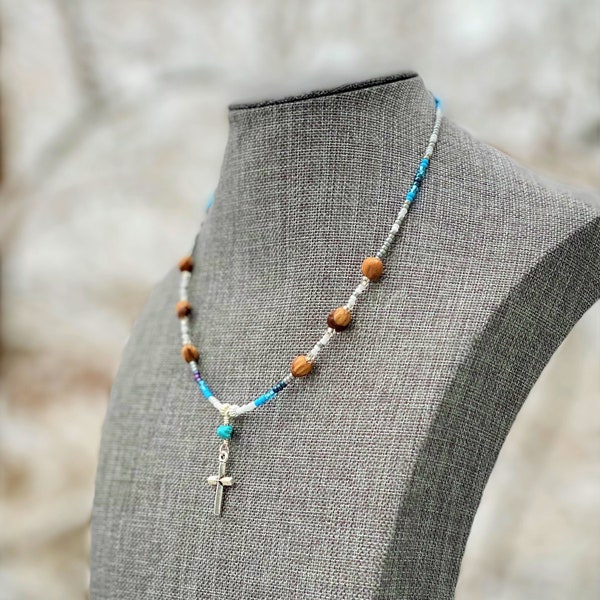 Cross Charm with Gemstone & Navajo Cedar Beads - Native Handmade Necklace  - Gift for Him Her