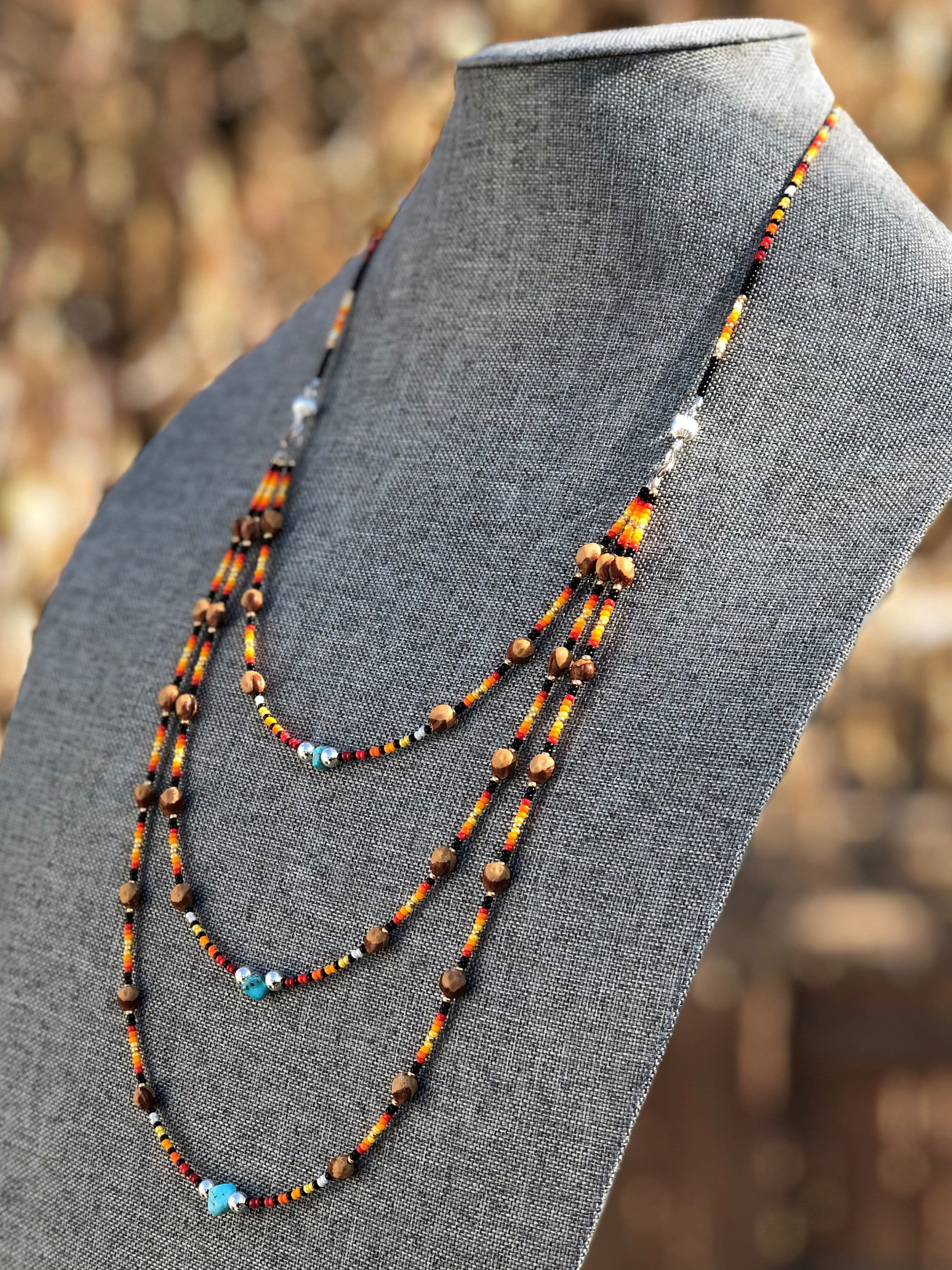 Turquoise - Navajo Cedar Bead Tiered Necklace - Fire Colors