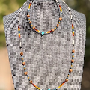 Navajo Cedar Bead Necklace & Bracelet with Gemstone - Multiple Color Size - Gift Him Her - Health Spirit Energy - Authentic Native Made