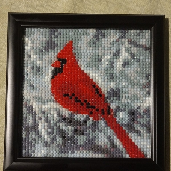 Finished diamond painting of a cardinal