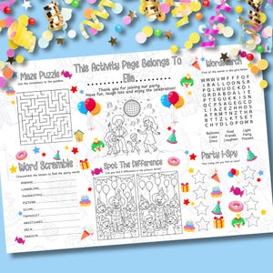May include: A children's party activity sheet with a maze, word search, word scramble, and I-spy game. The page includes illustrations of balloons, cakes, and party hats. Text reads "This Activity Page Belongs To Ella" and "Have fun, laugh lots and enjoy the celebration!"