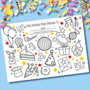 May include: A black and white activity page featuring party-themed illustrations such as balloons, a cake, and a disco ball. The text at the top says "This Activity Page Belongs To Izzie." Additional text reads "Thank you for joining our party. Have fun, laugh lots and enjoy the celebration!"