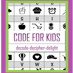 Op de afbeelding: Een kleurrijke educatieve afbeelding met een raster van zwart-witte pictogrammen en letters. De tekst "CODE FOR KIDS" staat in paars, met daaronder "decode-decipher-delight". De afbeelding is omlijst in groen en paars.